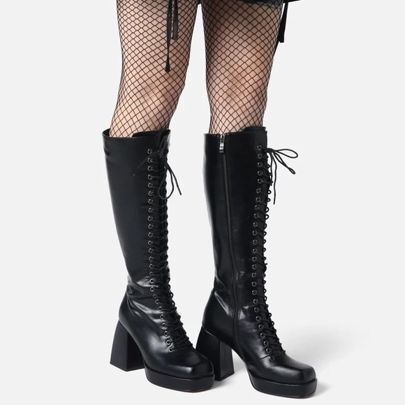 Dangerfield Black Lace Up Tall Platform Square Toe Boots